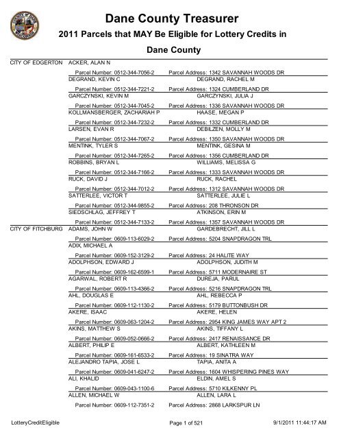 Dane County Treasurer 2011 Parcels that MAY Be Eligible for ...