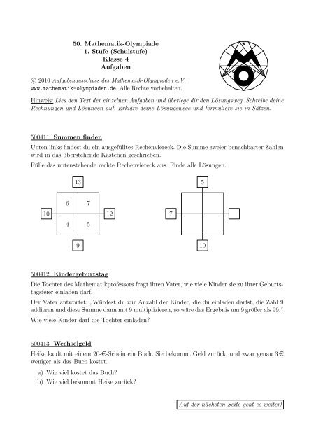 Klasse 4 Aufgaben Hinweis - Mathematik-Olympiaden e.V.