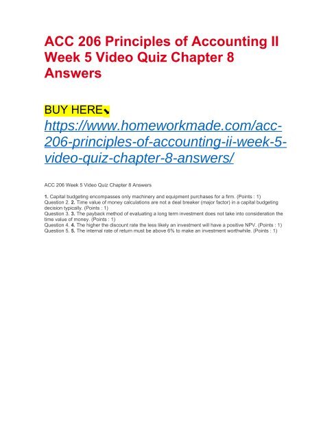 ACC 206 Principles of Accounting II Week 5 Video Quiz Chapter 8 Answers