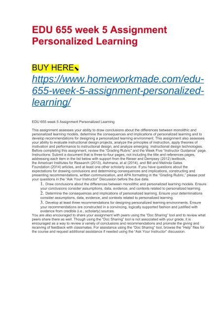 EDU 655 week 5 Assignment Personalized Learning