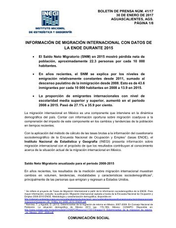 INFORMACIÓN DE MIGRACIÓN INTERNACIONAL CON DATOS DE LA ENOE DURANTE 2015