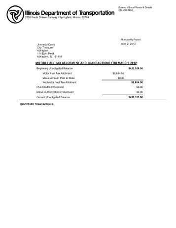 motor fuel tax allotment and transactions for march, 2012