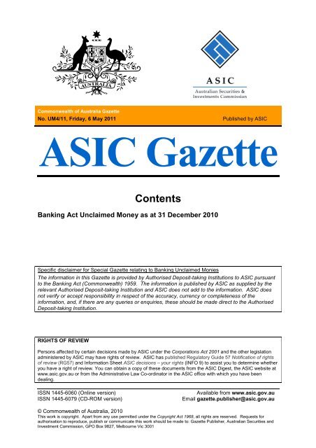 Asic Gazette Australian Securities And Investments Commission