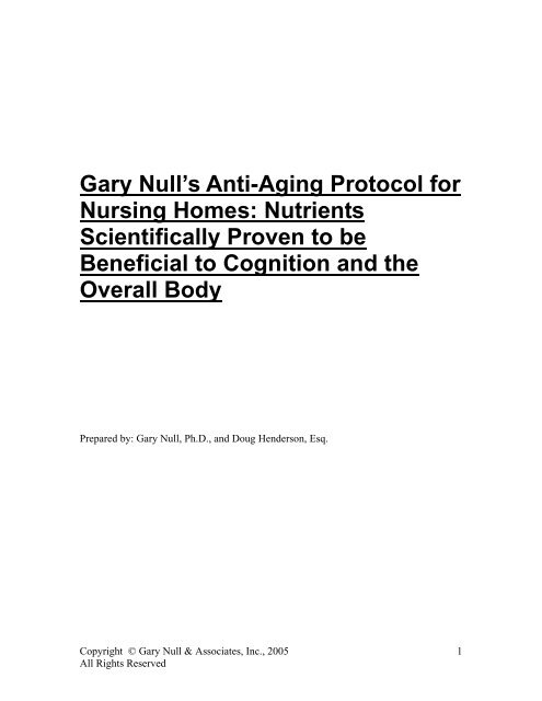 Gary Null's Anti-Aging Protocol for Nursing Homes: Nutrients 