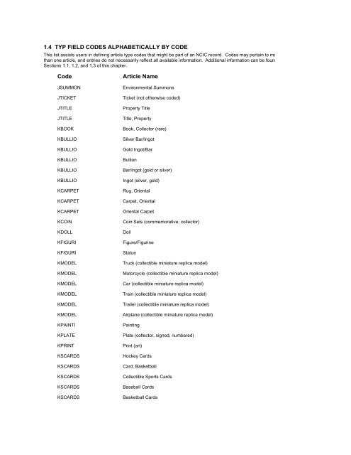 NCIC Code Manual - Alabama Criminal Justice Information Center