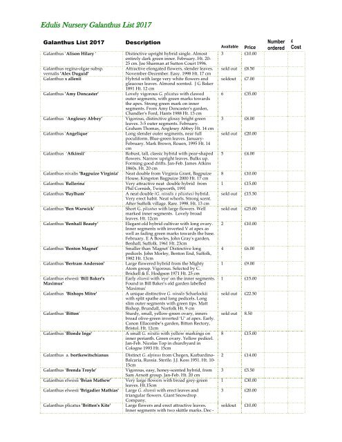 Edulis Nursery Galanthus List 2017