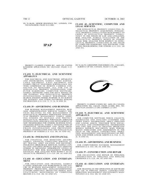 14 October 2003 - U.S. Patent and Trademark Office