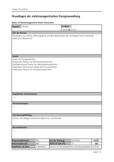 Allgemeiner Kurskatalog WiSe 2012/13 - Fakultät für Maschinenbau ...