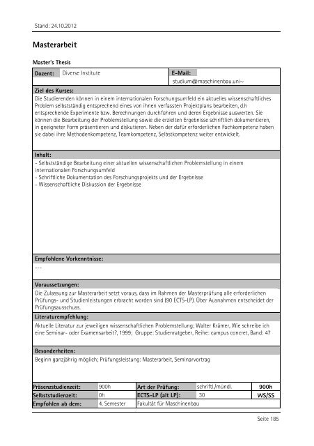 Allgemeiner Kurskatalog WiSe 2012/13 - Fakultät für Maschinenbau ...