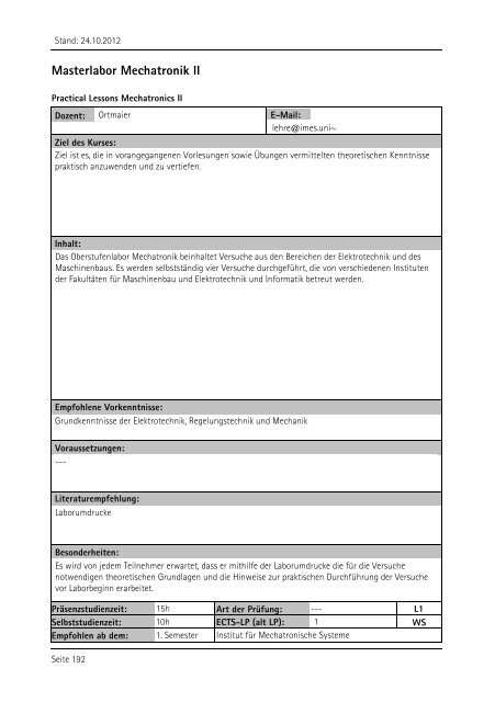 Allgemeiner Kurskatalog WiSe 2012/13 - Fakultät für Maschinenbau ...