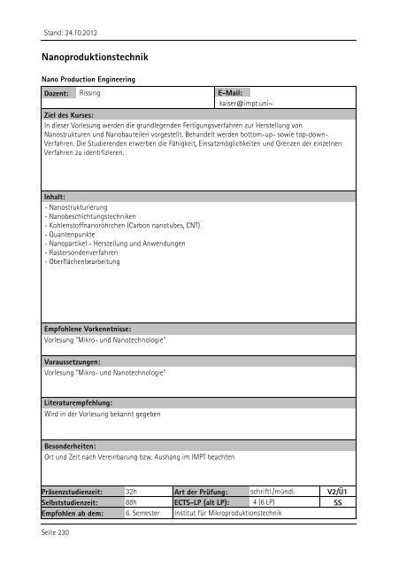 Allgemeiner Kurskatalog WiSe 2012/13 - Fakultät für Maschinenbau ...