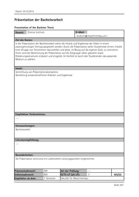 Allgemeiner Kurskatalog WiSe 2012/13 - Fakultät für Maschinenbau ...