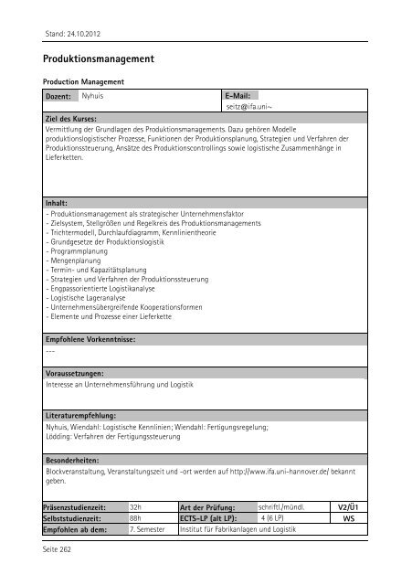 Allgemeiner Kurskatalog WiSe 2012/13 - Fakultät für Maschinenbau ...