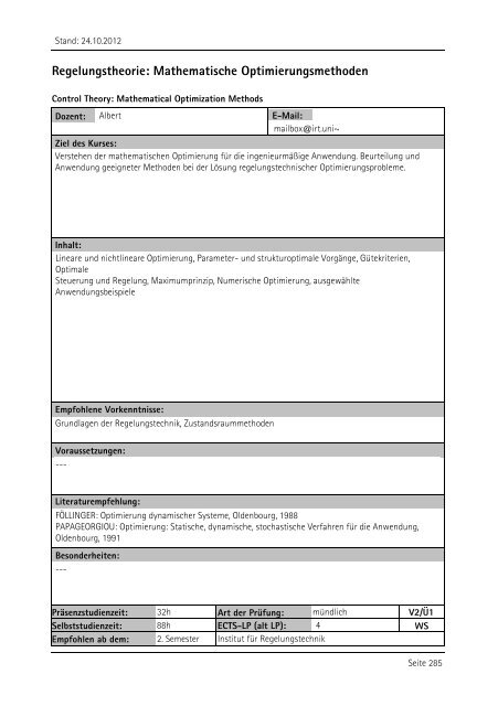 Allgemeiner Kurskatalog WiSe 2012/13 - Fakultät für Maschinenbau ...