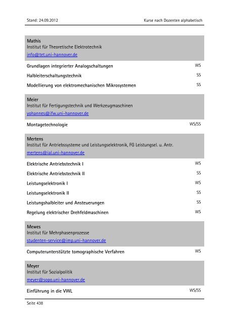 Allgemeiner Kurskatalog WiSe 2012/13 - Fakultät für Maschinenbau ...