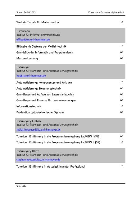 Allgemeiner Kurskatalog WiSe 2012/13 - Fakultät für Maschinenbau ...