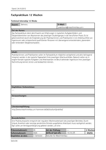 Allgemeiner Kurskatalog WiSe 2012/13 - Fakultät für Maschinenbau ...