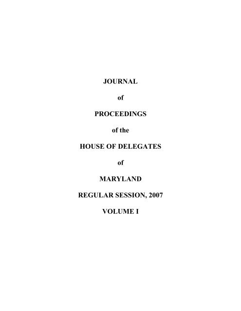 2007 house journal index of days - Maryland General Assembly