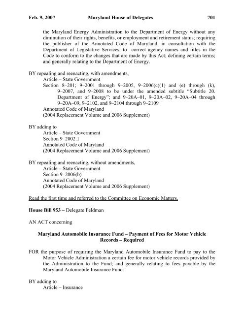 2007 house journal index of days - Maryland General Assembly