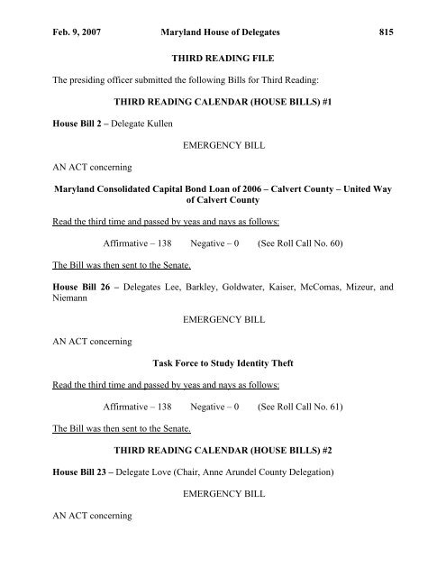 2007 house journal index of days - Maryland General Assembly