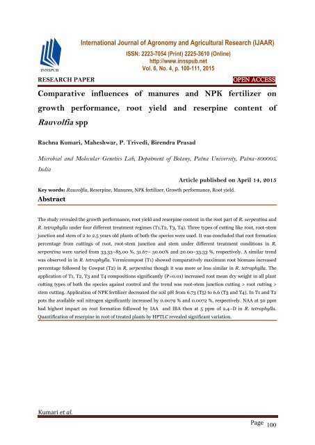 Comparative influences of manures and NPK fertilizer on growth performance, root yield and reserpine content of Rauvolfia spp