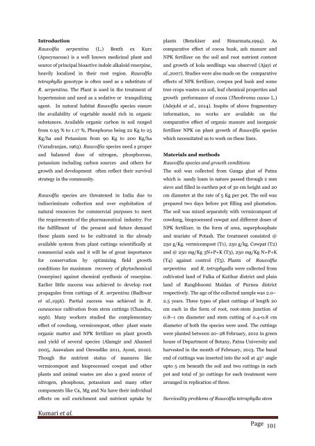 Comparative influences of manures and NPK fertilizer on growth performance, root yield and reserpine content of Rauvolfia spp