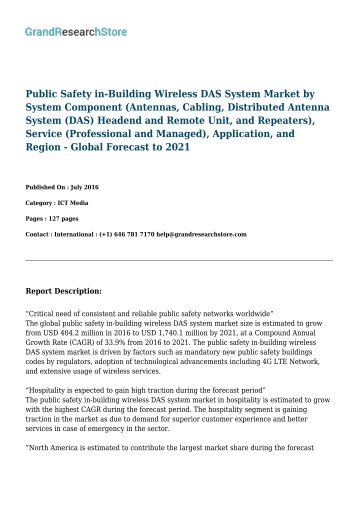 Public Safety in-Building Wireless DAS System Market by System Component, Service, Application, and Region - Global Forecast to 2021