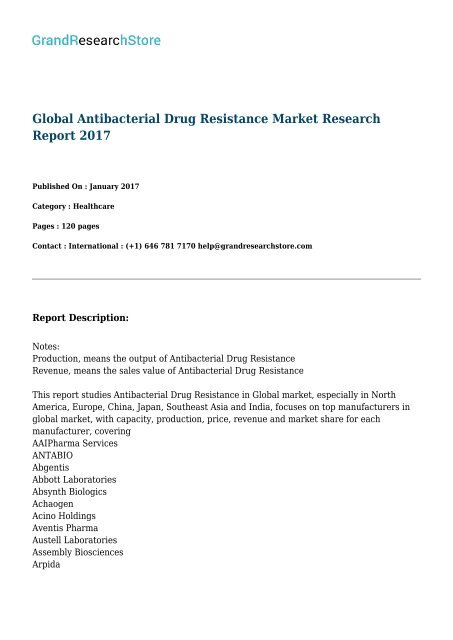 Global Antibacterial Drug Resistance Market Research Report 2017 