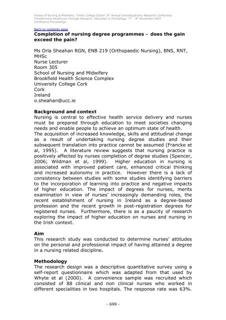 Conference Proceedings - School of Nursing & Midwifery - Trinity ...