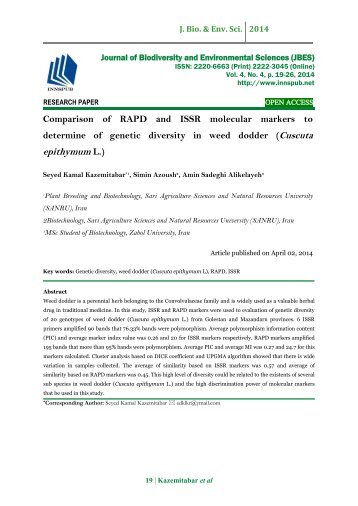 Comparison of RAPD and ISSR molecular markers to determine of genetic diversity in weed dodder (Cuscuta epithymum L.)