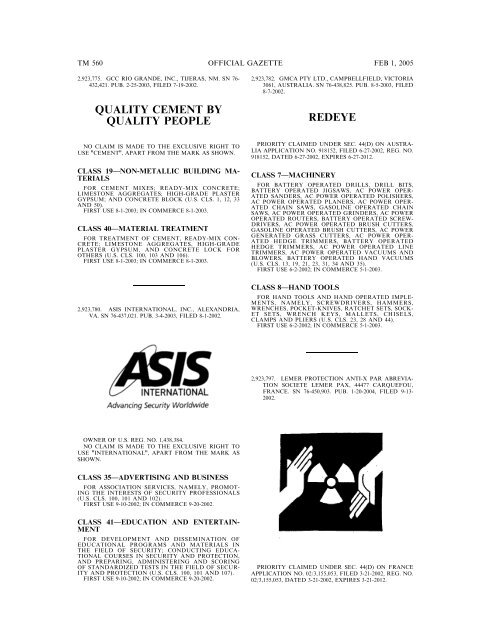 marks published for opposition - U.S. Patent and Trademark Office