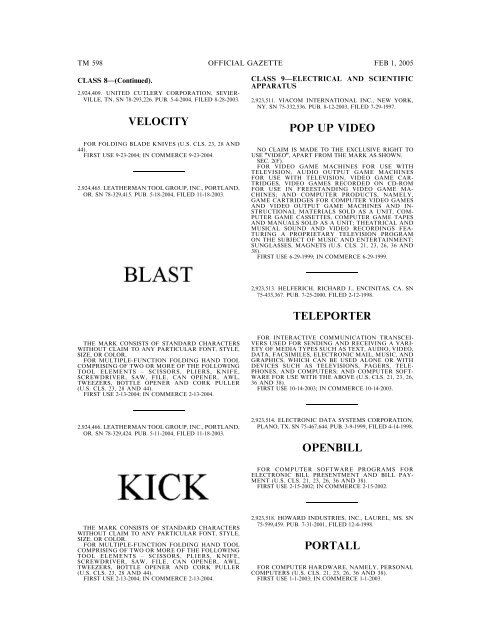 marks published for opposition - U.S. Patent and Trademark Office