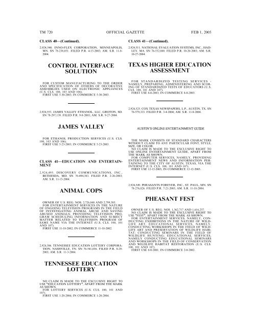 marks published for opposition - U.S. Patent and Trademark Office