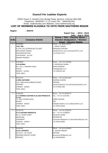 Council For Leather Exports LIST OF MEMBERS ELIGIBLE TO VOTE FROM SOUTHERN REGON