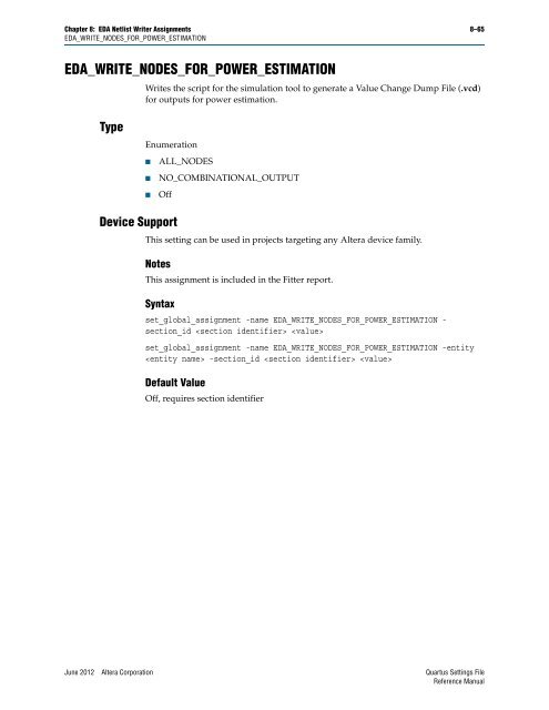 Quartus II Settings File Reference Manual - Altera