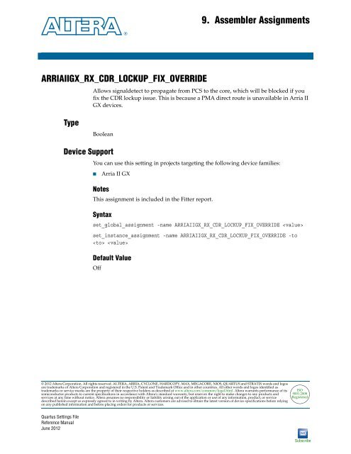 Quartus II Settings File Reference Manual - Altera