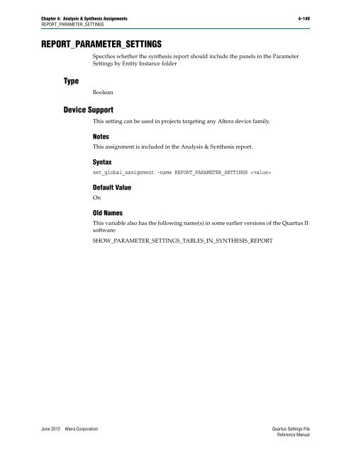 Quartus II Settings File Reference Manual - Altera