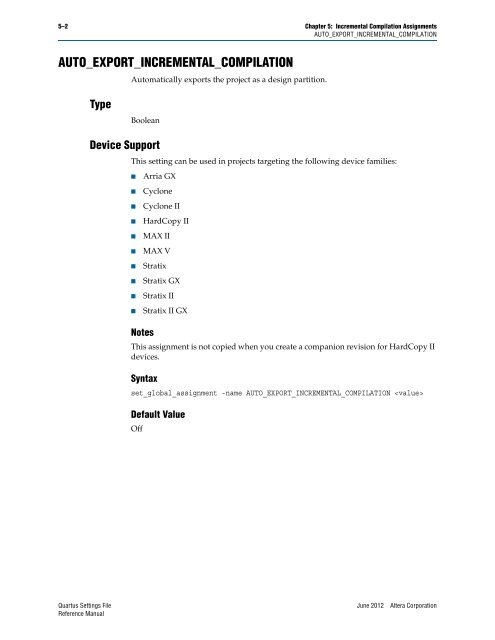 Quartus II Settings File Reference Manual - Altera