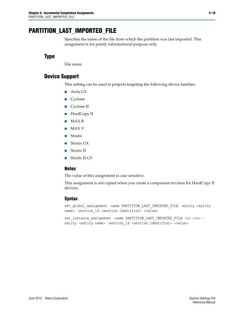 Quartus II Settings File Reference Manual - Altera