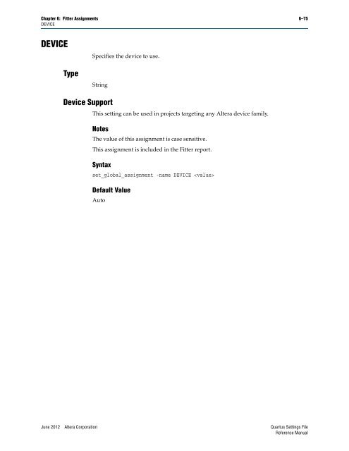 Quartus II Settings File Reference Manual - Altera