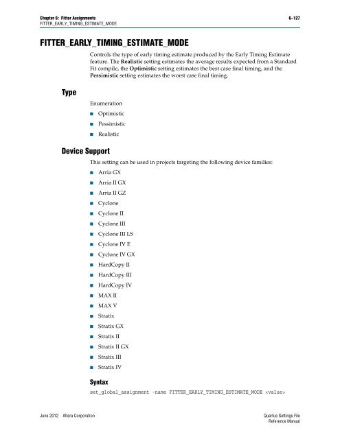 Quartus II Settings File Reference Manual - Altera