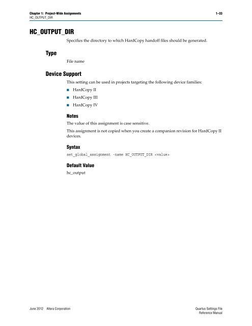 Quartus II Settings File Reference Manual - Altera
