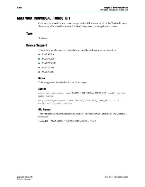 Quartus II Settings File Reference Manual - Altera