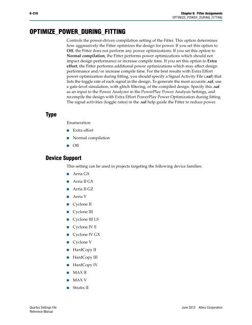 Quartus II Settings File Reference Manual - Altera