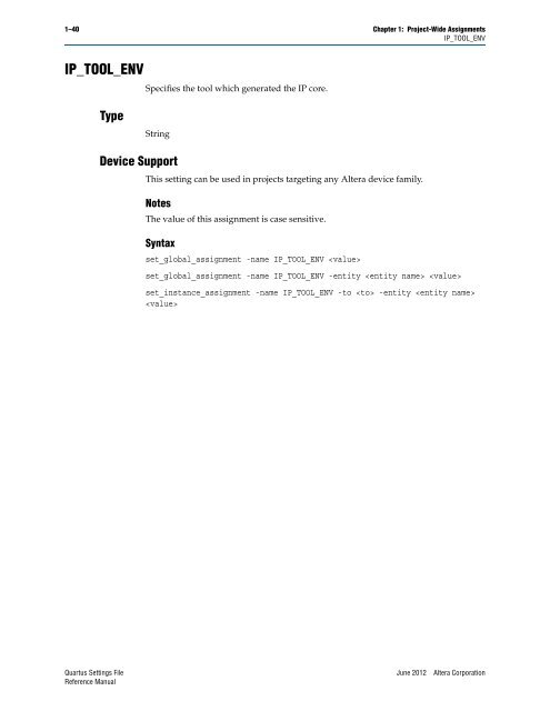 Quartus II Settings File Reference Manual - Altera