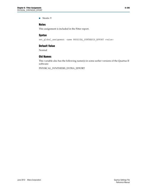 Quartus II Settings File Reference Manual - Altera