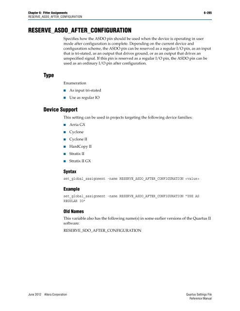 Quartus II Settings File Reference Manual - Altera