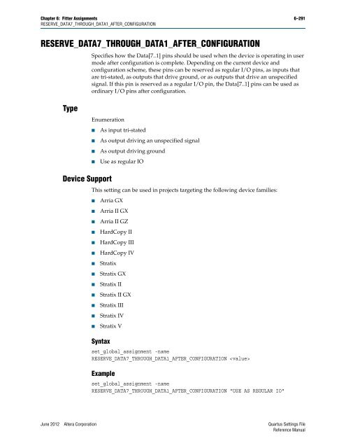 Quartus II Settings File Reference Manual - Altera