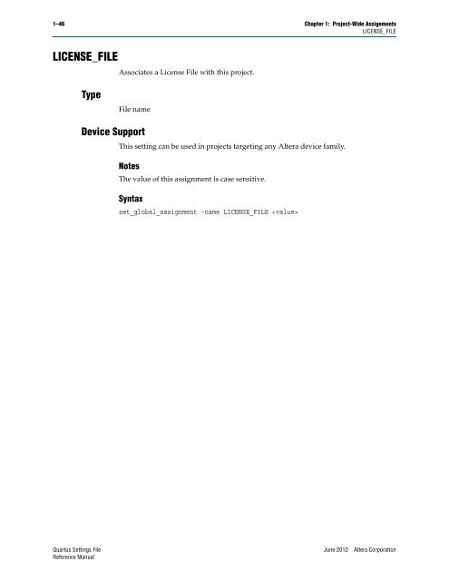 Quartus II Settings File Reference Manual - Altera