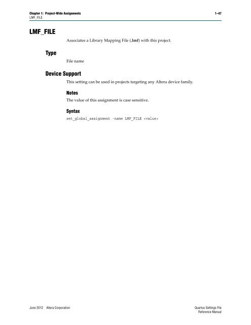 Quartus II Settings File Reference Manual - Altera